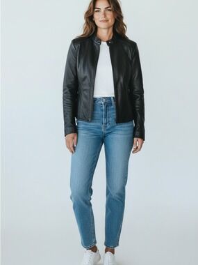 Coronet Leather biker black jacket leather zip up pockets side air trap small